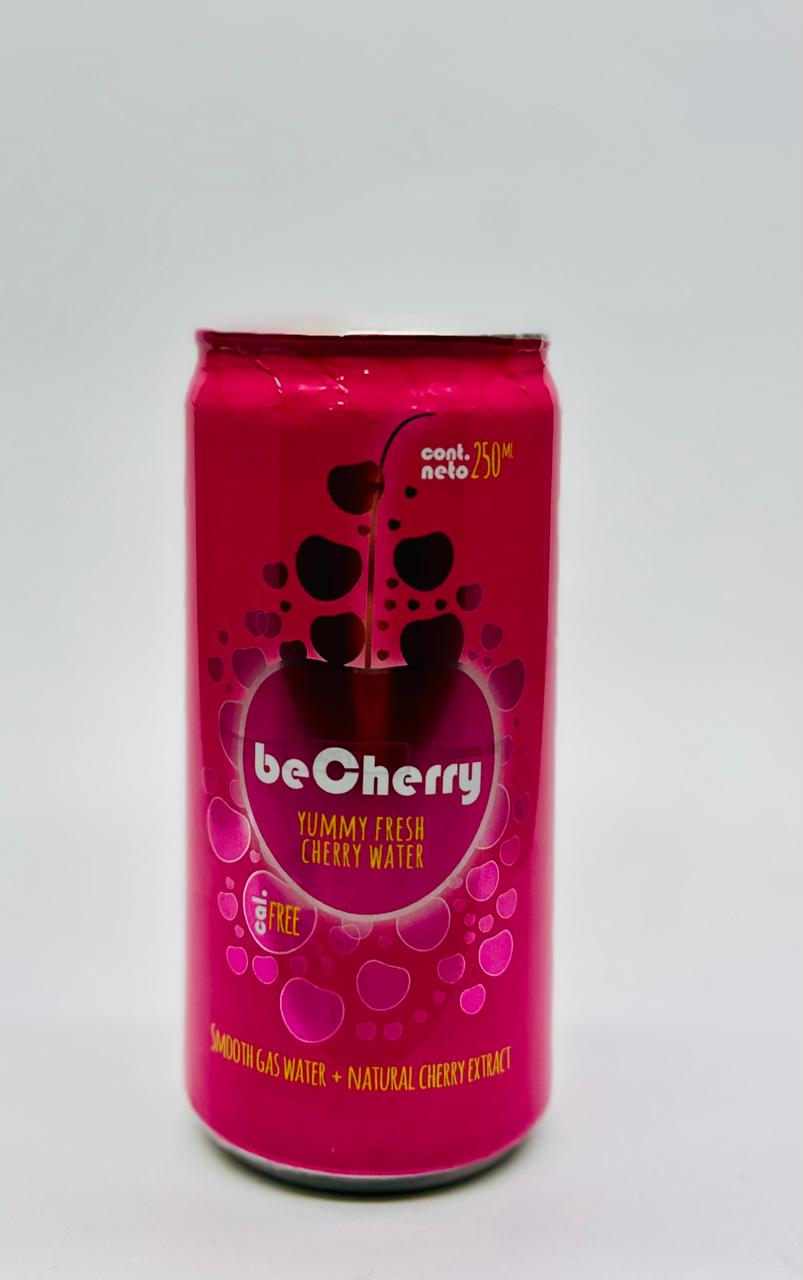 Lata beCherry de 250 ml, agua gasificada con extracto natural de cereza